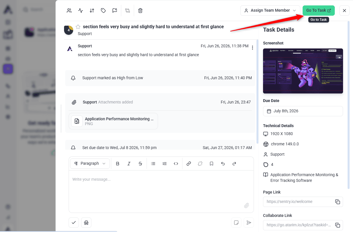 Go To Task opening the page the feedback was left on