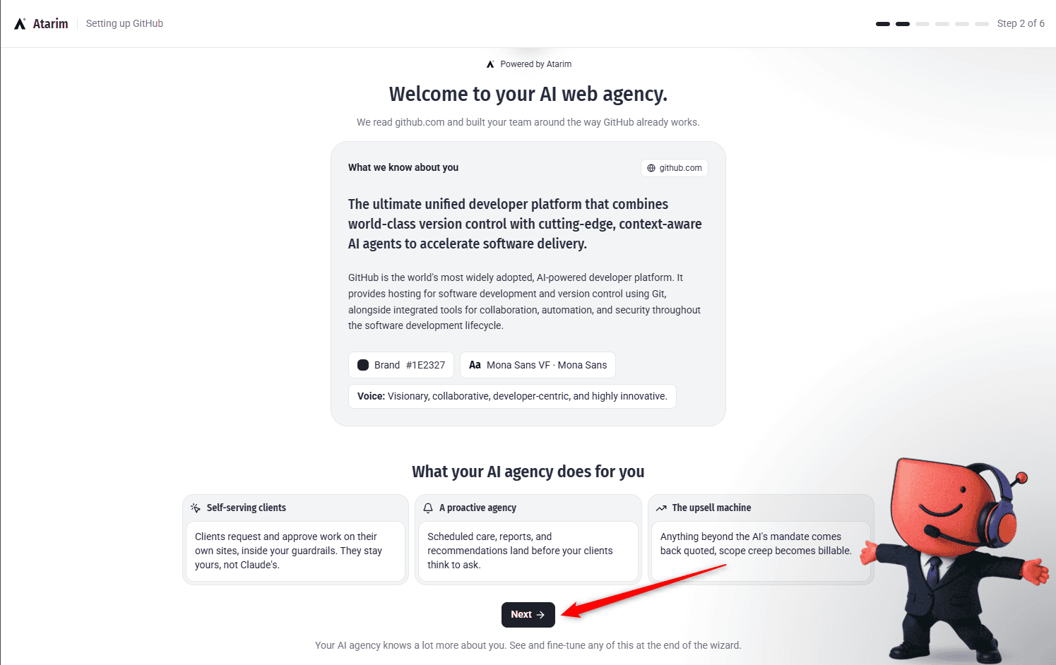Welcome screen showing the agency's business description, brand colour and voice, with a Next button