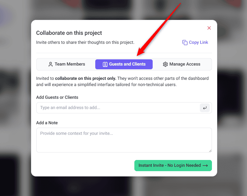 Panel for inviting a guest or client to the project