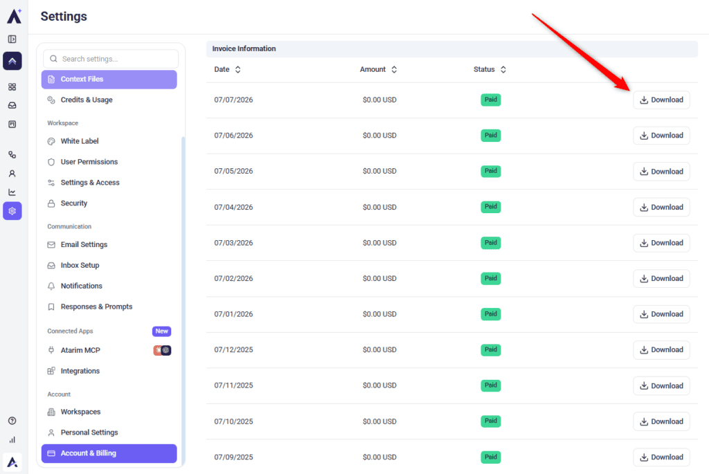 Invoice list with a Download action on each row