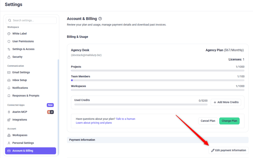Edit payment information at the top right of the card row