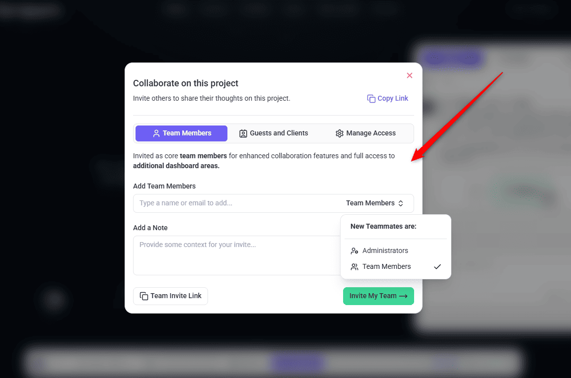 Share modal open on a project