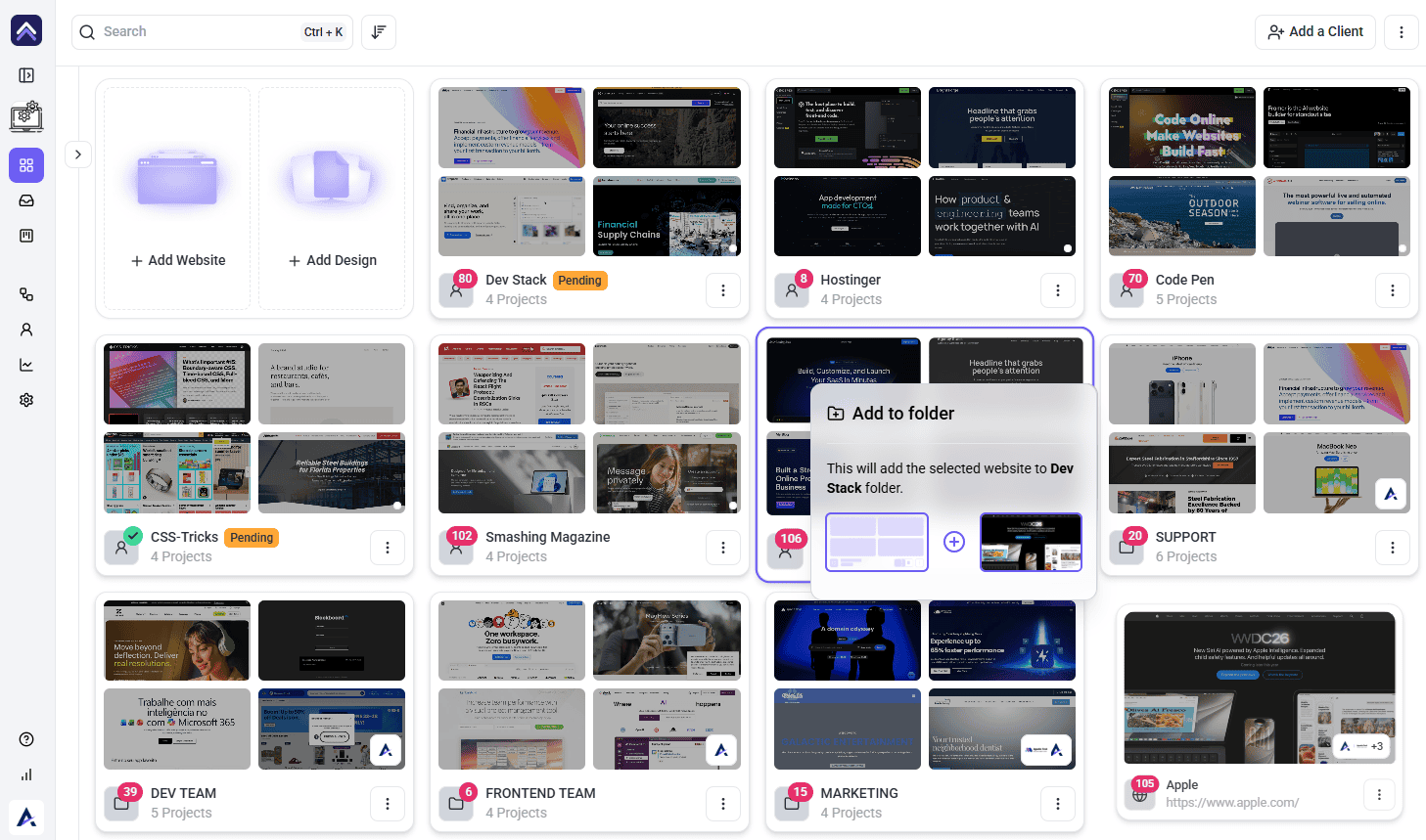 One project dragged onto another to create a folder containing both