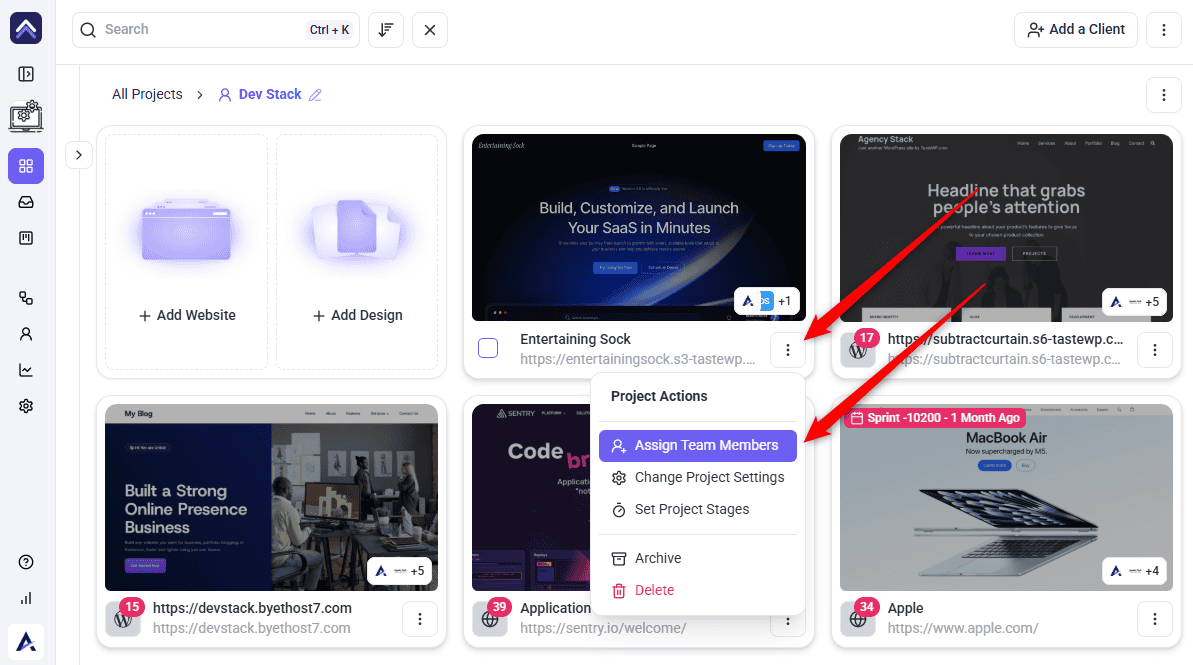 The Project Actions menu open on an Atarim project with Assign Team Members available
