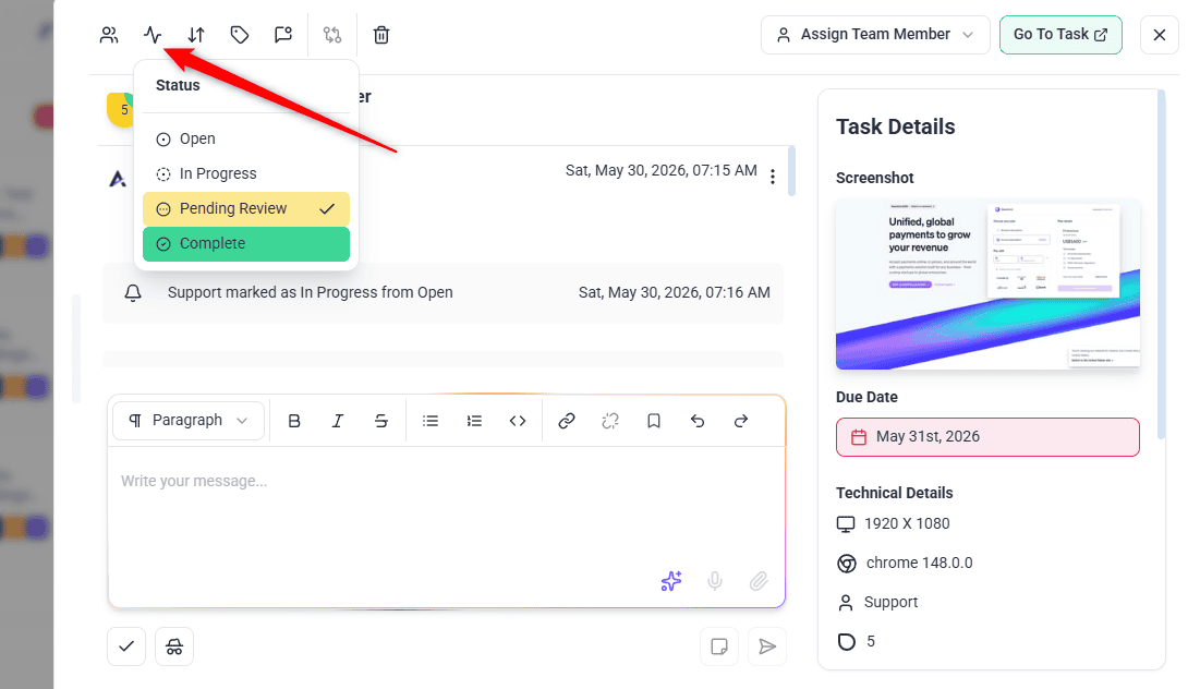 Task dragged to a new status column on the Kanban board