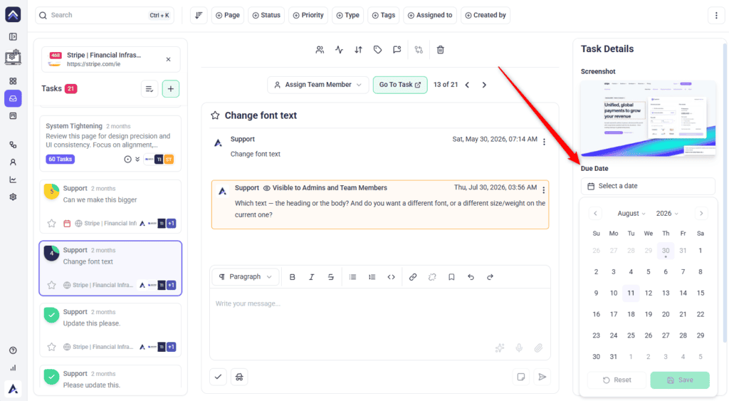 Due date picker open on a task in the Inbox