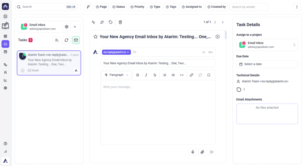 The email composer on an Atarim task, for continuing a thread the client started by email