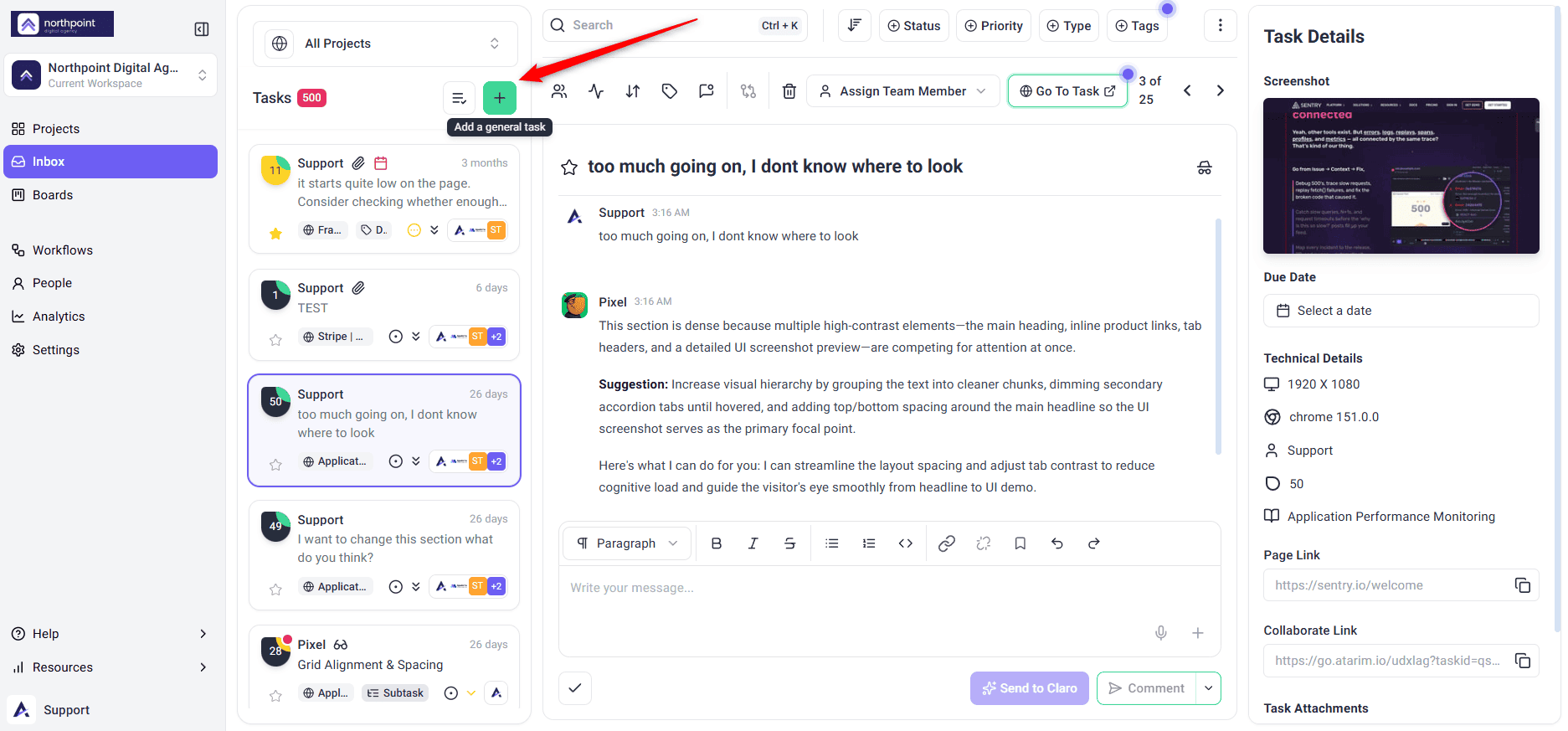 Inbox with the Add a general task button highlighted above the task list