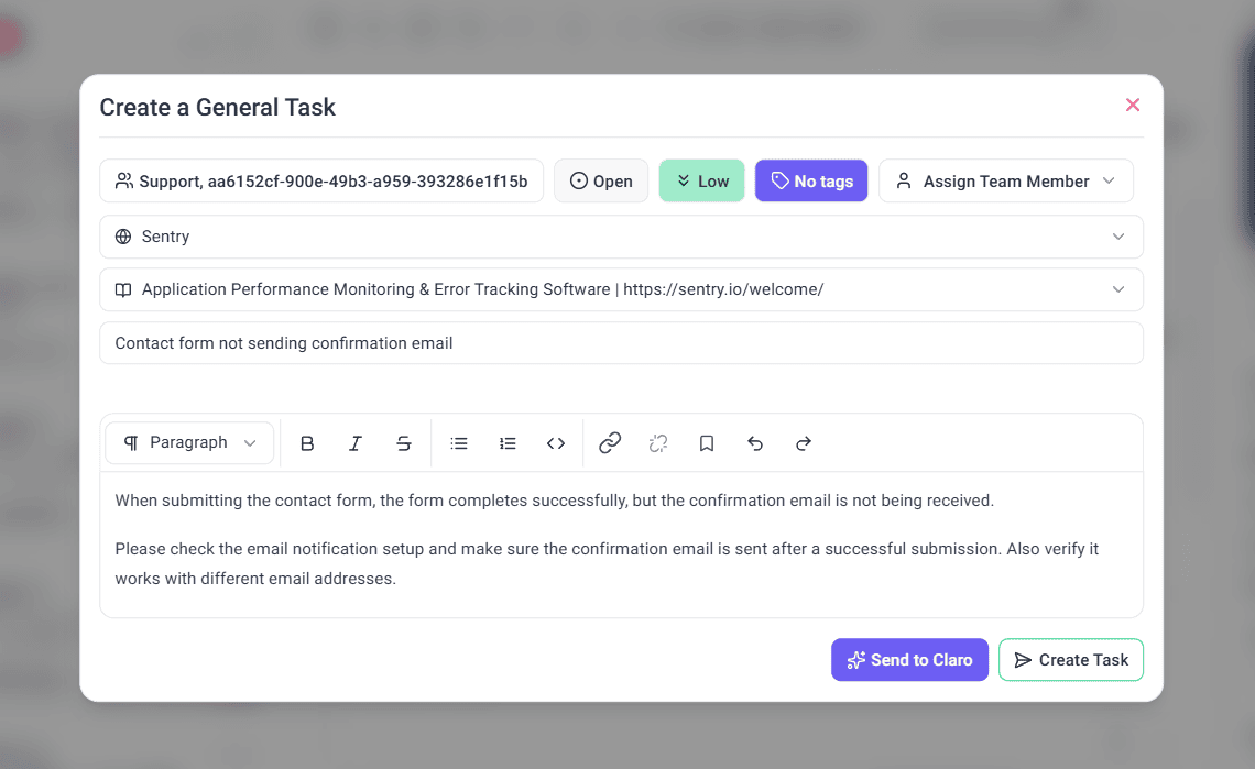 Create a General Task dialog with the Send to Claro and Create Task buttons at the bottom