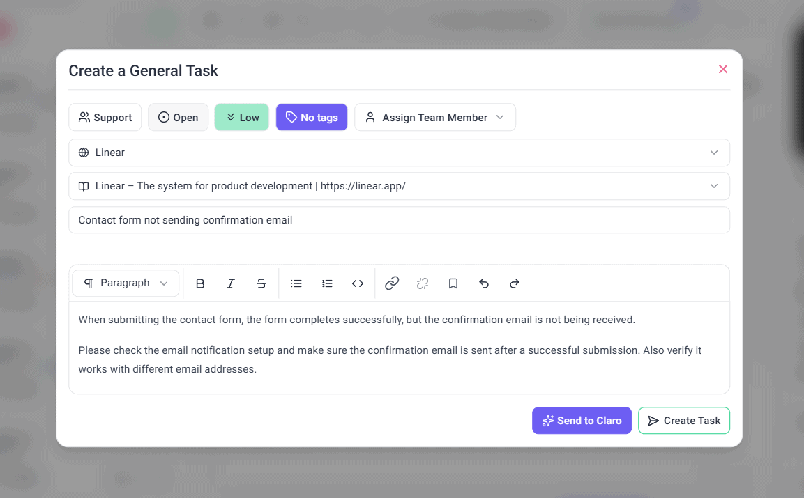 Create a General Task dialog with project, page, title and details filled in, ready for Create Task