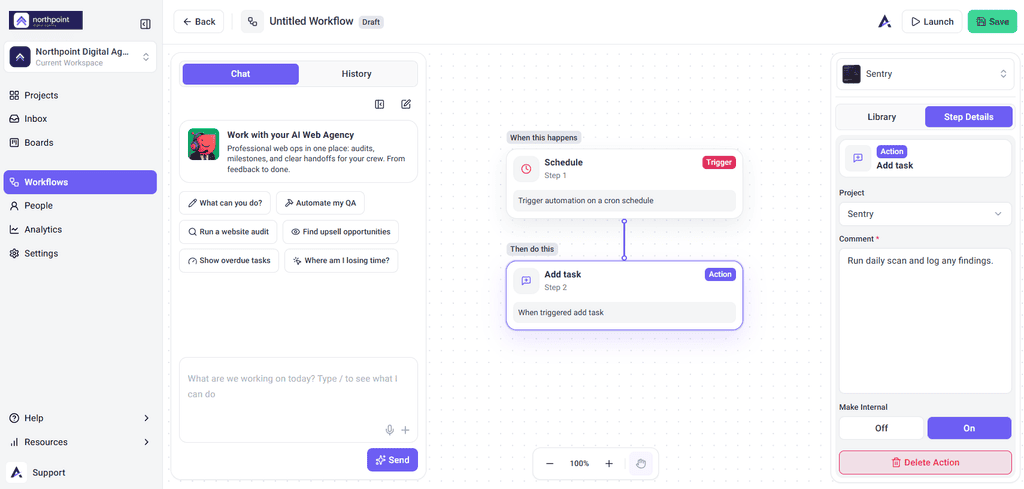 Workflow builder with a Schedule trigger and an Add task step, its Project, Comment and Make Internal settings open