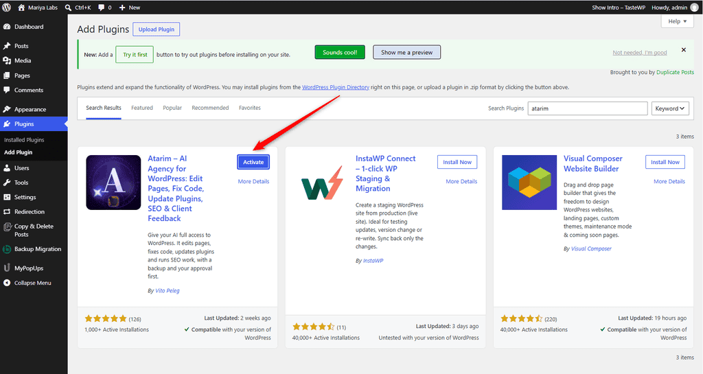 WordPress Add Plugins results with an arrow on the Activate button for the Atarim plugin
