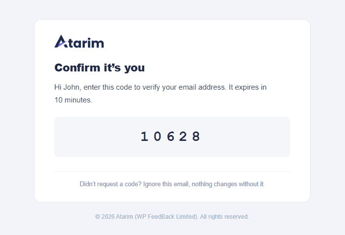Atarim verification email titled Confirm it’s you, showing the five-digit code that expires in 10 minutes