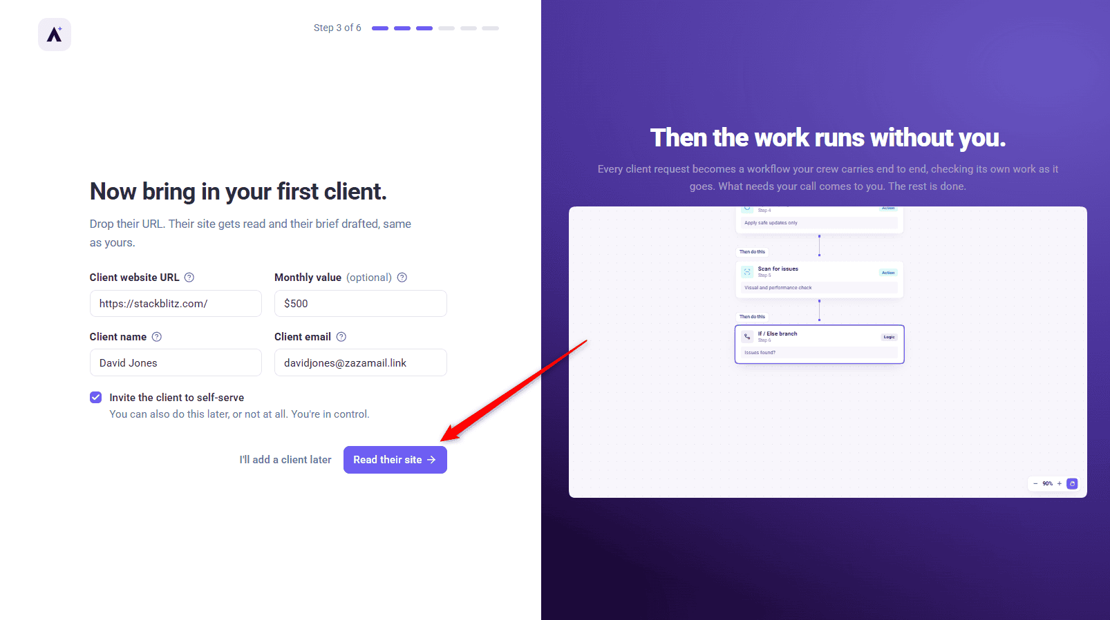 Step 3 of 6 with the client’s details filled in and the Read their site button highlighted