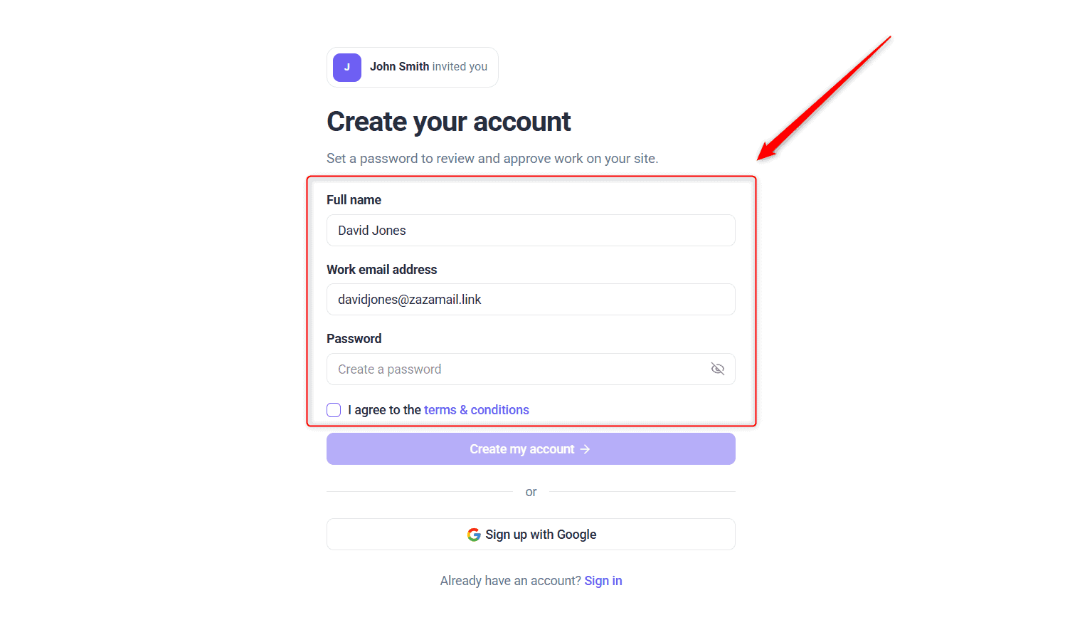 Create your account screen for an invited Website Owner, with the Full name, Work email address and Password fields