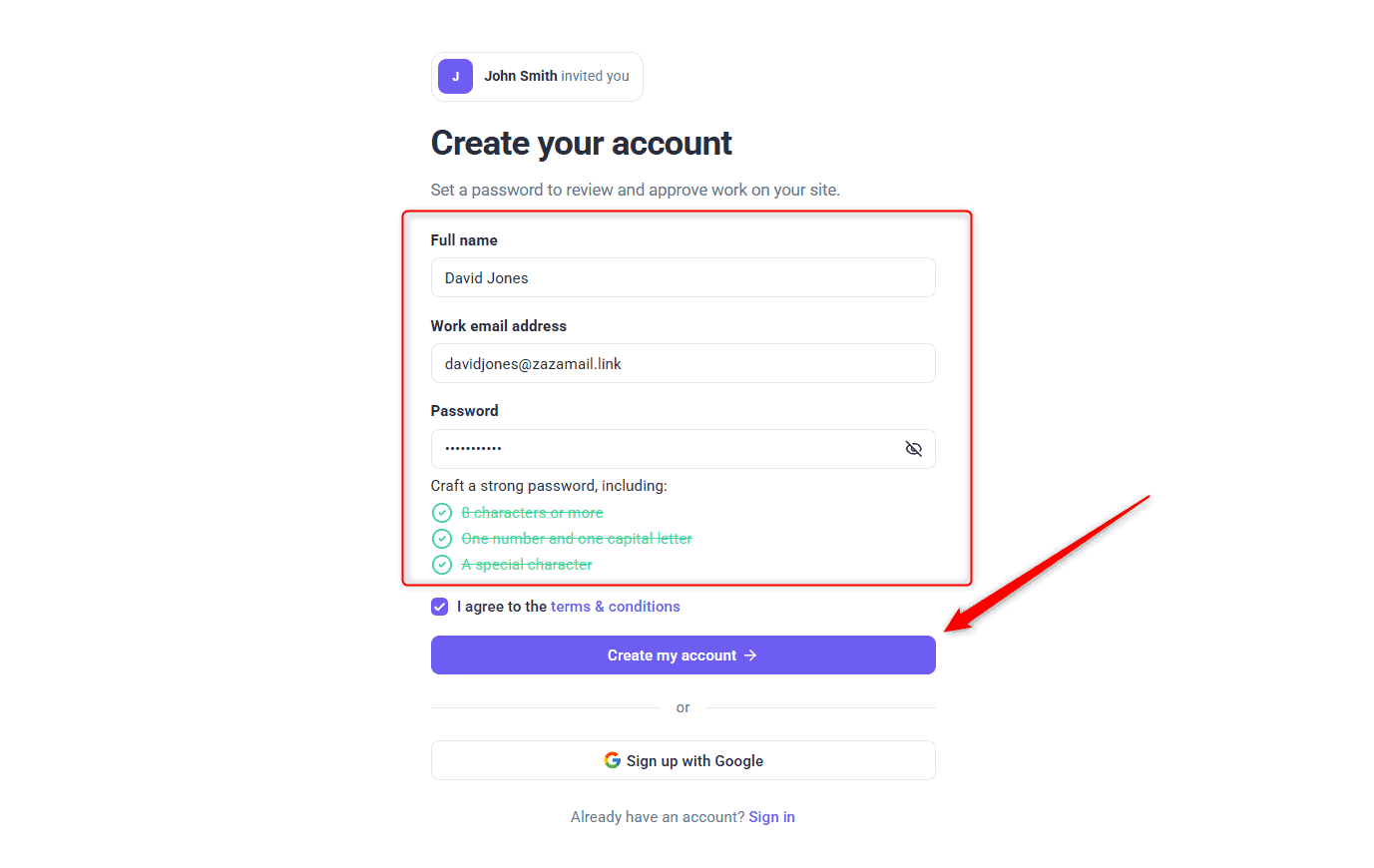 Create your account form with the password requirements met, the terms accepted and Create my account highlighted