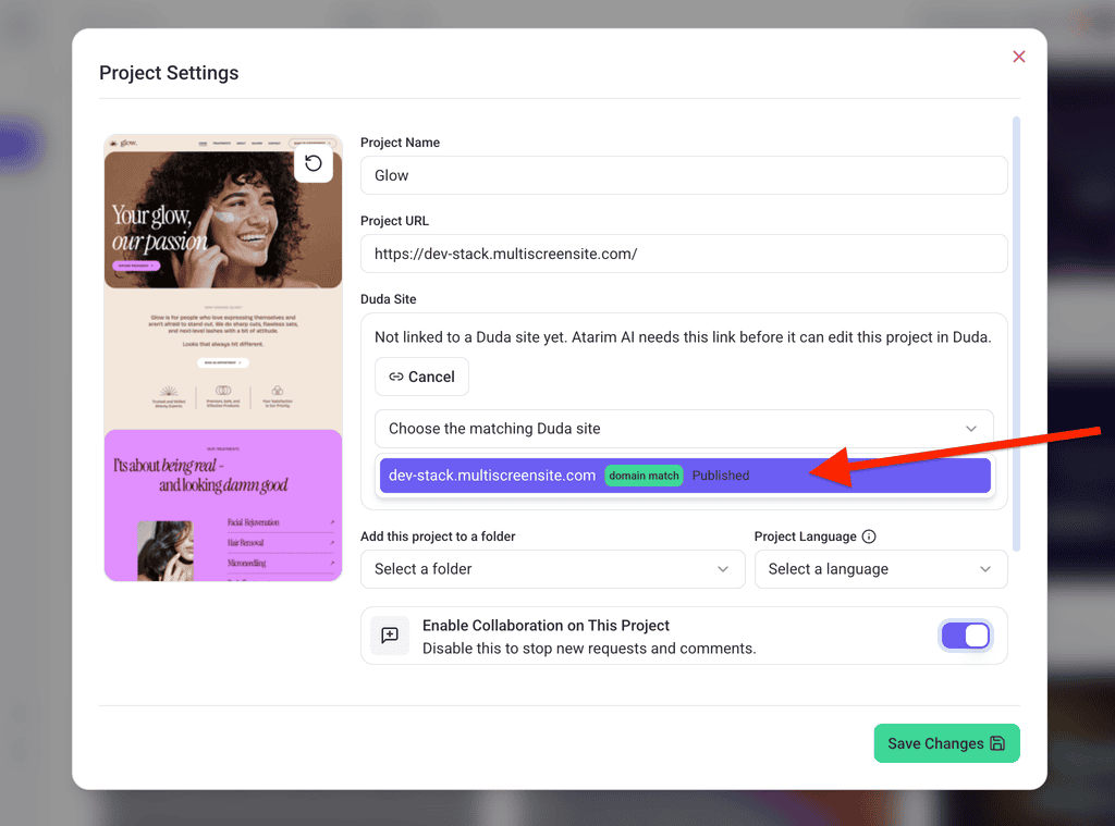 Duda sites listed with their match confidence and publish status