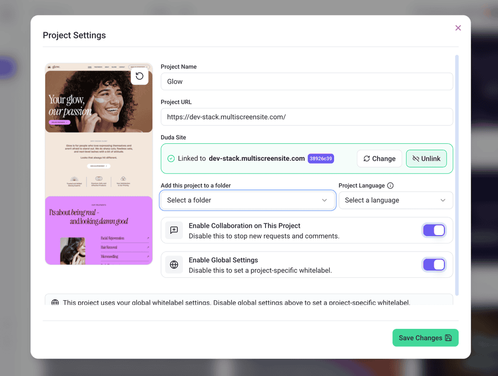 A project linked to its Duda site, with Change and Unlink