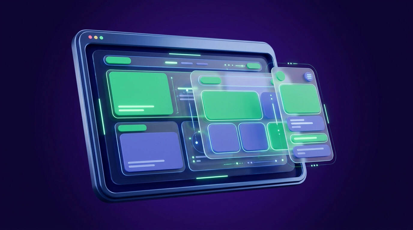 3D responsive website viewports and digital canvas frames in slate blue and emerald green on deep violet background