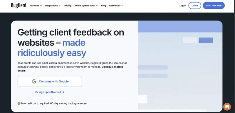 BugHerd homepage, a visual website feedback tool: getting client feedback on websites made ridiculously easy, with point, click and comment feedback