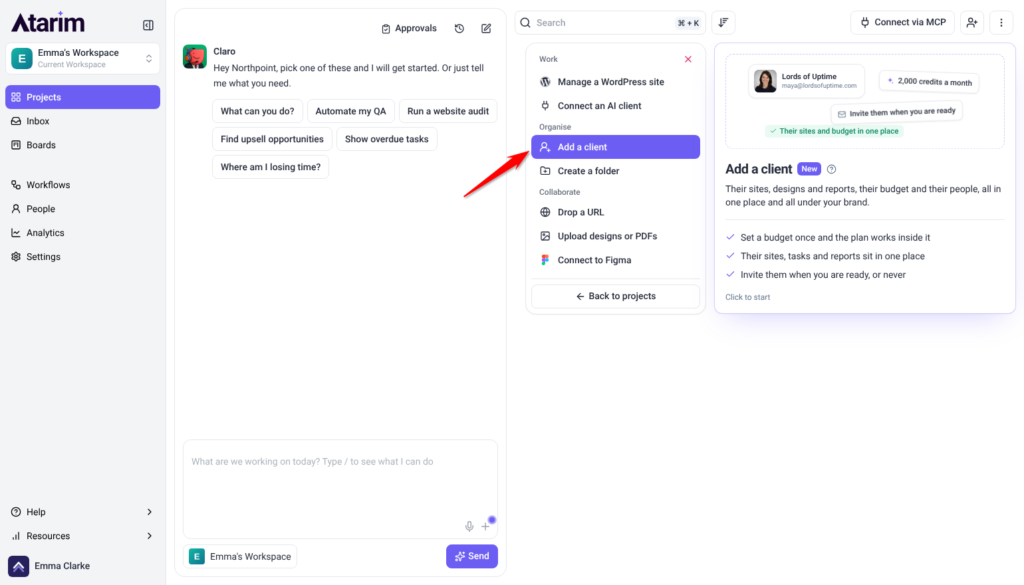 Add new menu on the Projects screen with Add a client highlighted and its description on the right