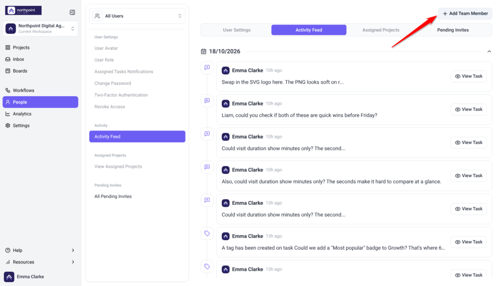 People screen with the Add Team Member button highlighted in the top-right corner