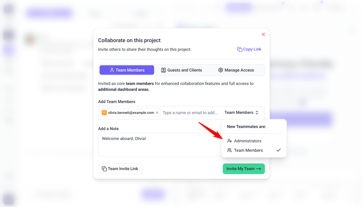 Collaborate on this project window opened from Collaborate, with an email added and the New Teammates are: menu showing Administrators and Team Members