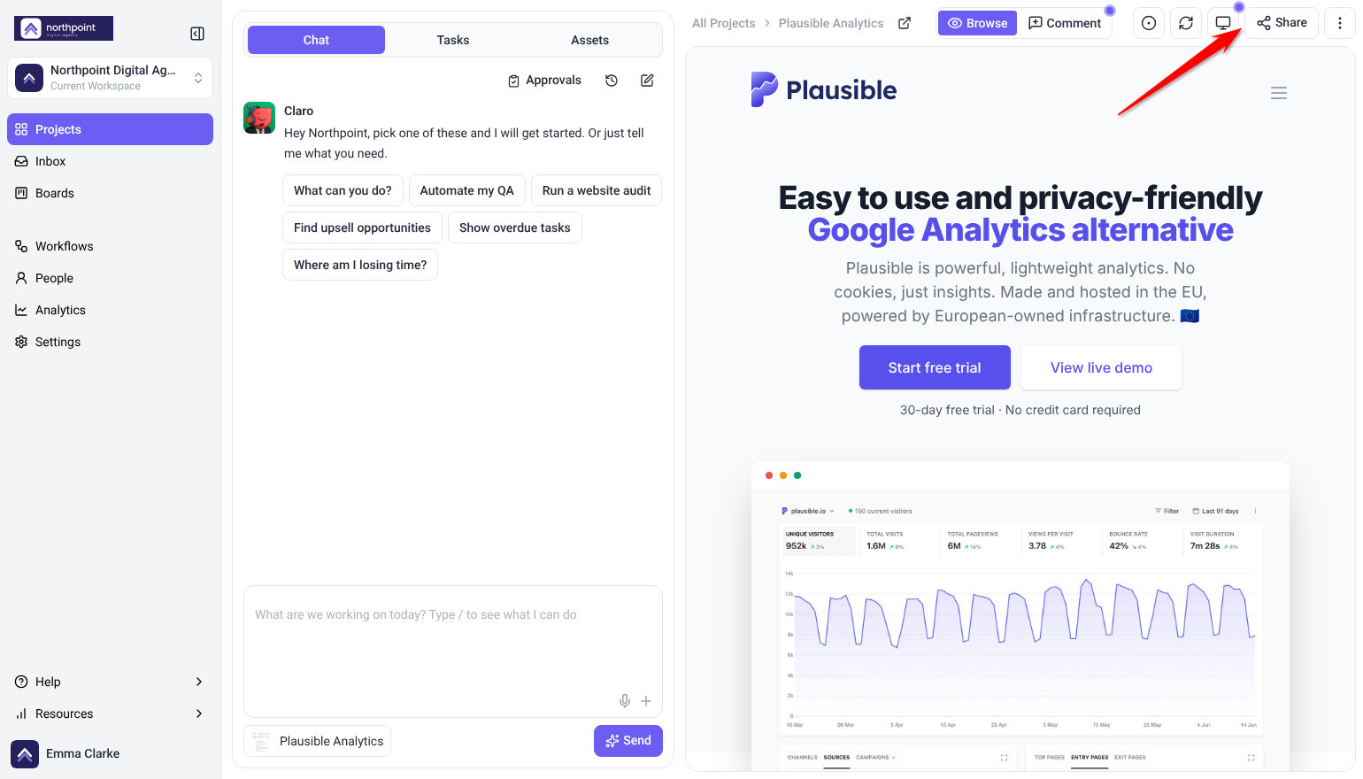 Plausible Analytics open in Collaborate with the Share button highlighted in the bar above the page