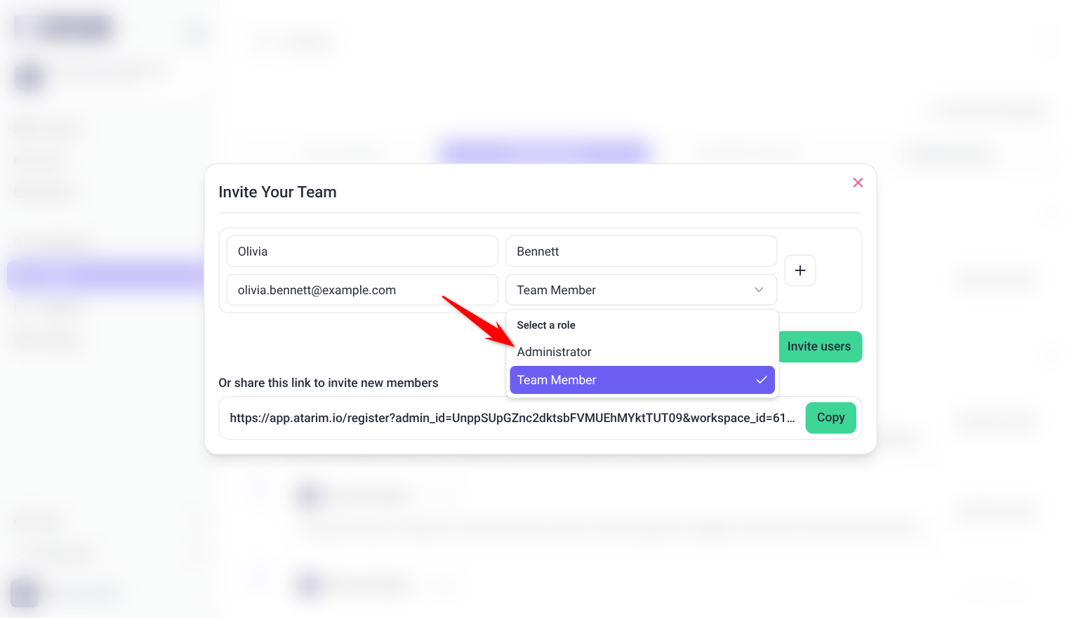 Invite Your Team window with a name and email filled in and the role menu showing Administrator and Team Member