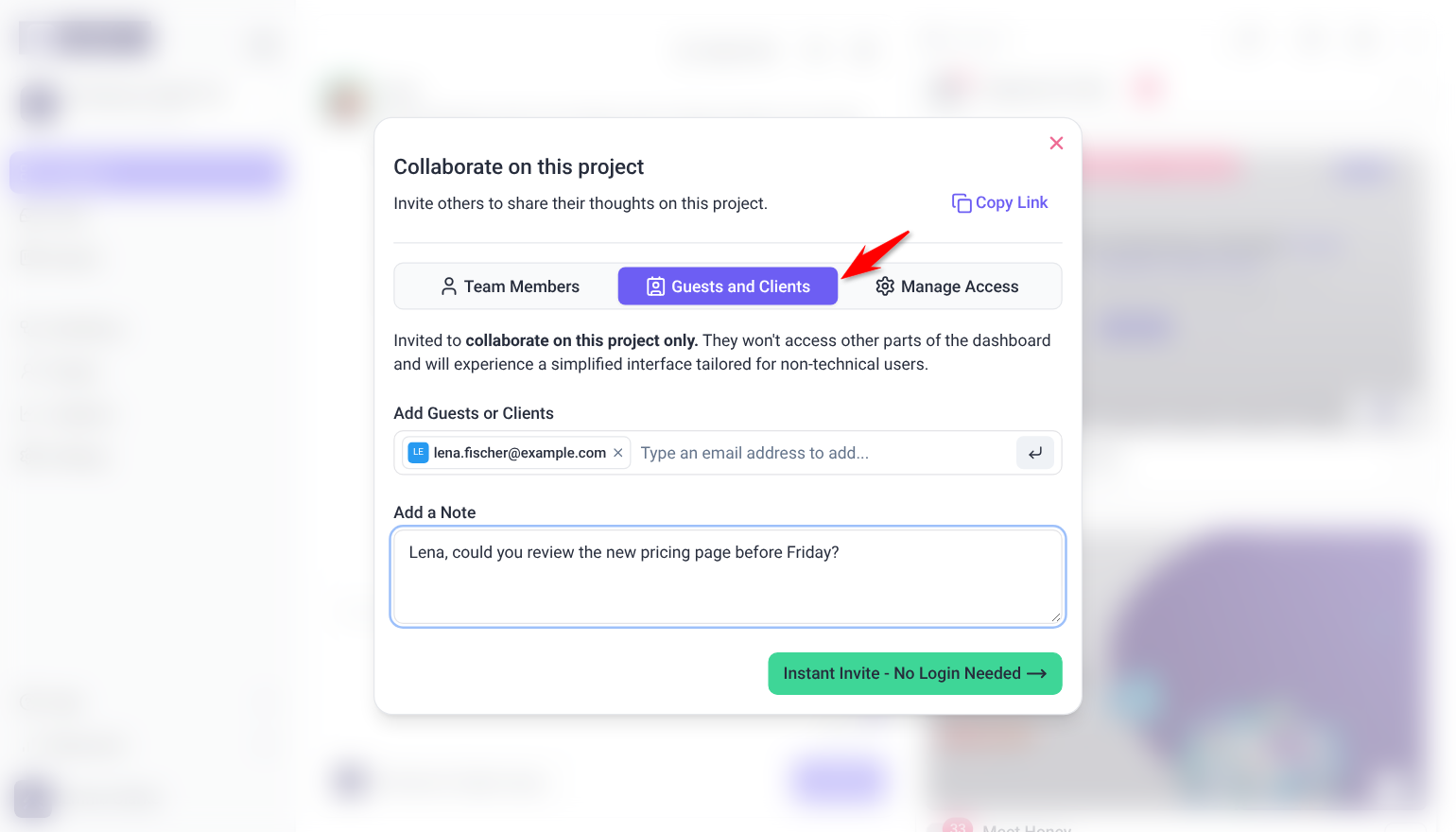 Collaborate on this project window on the Guests and Clients tab, with a guest email and a note added