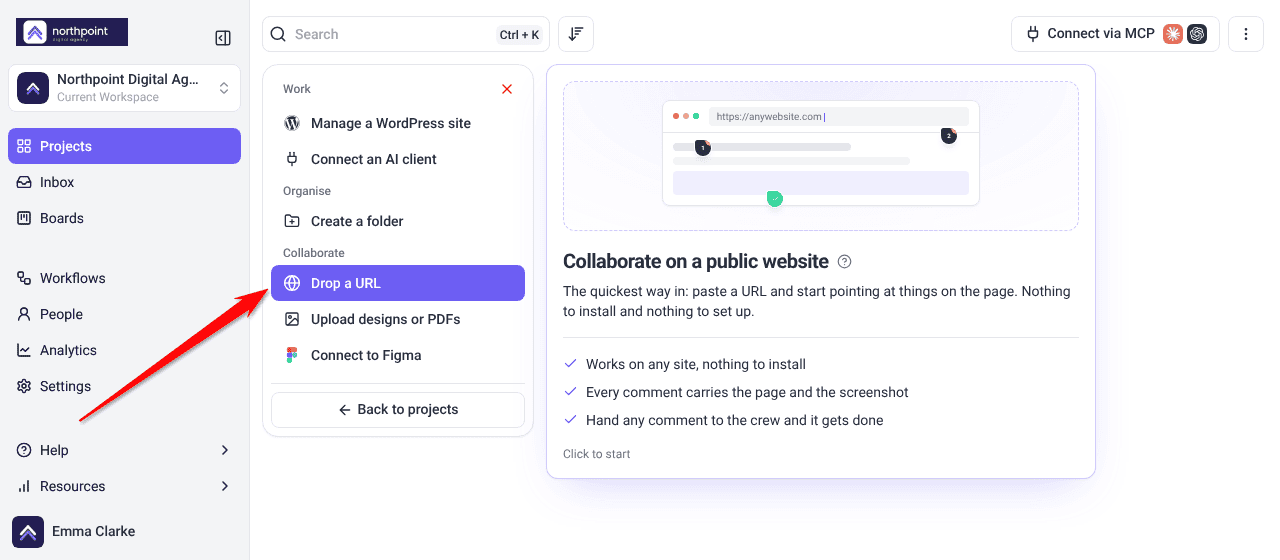 Add new menu with Drop a URL selected and its Collaborate on a public website preview