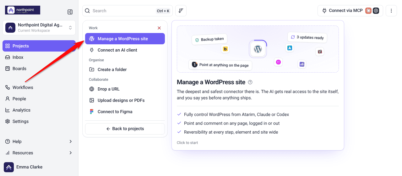 Add new menu with Manage a WordPress site selected