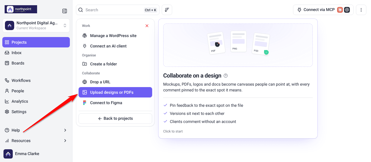Add new menu with Upload designs or PDFs selected