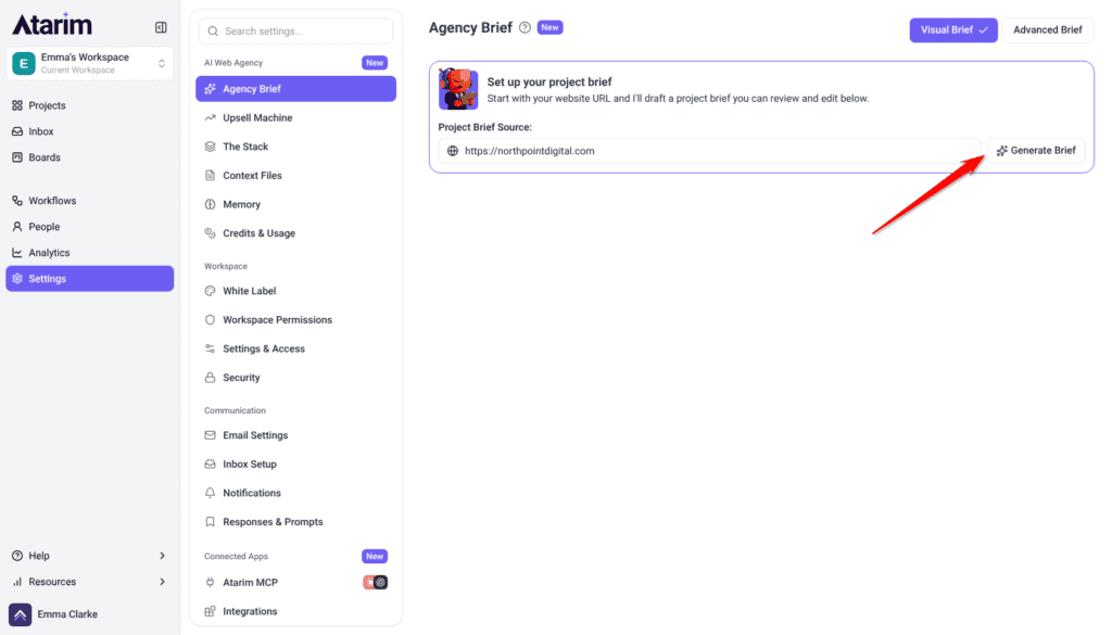 Agency Brief set-up card with a website address in Project Brief Source and the Generate Brief button