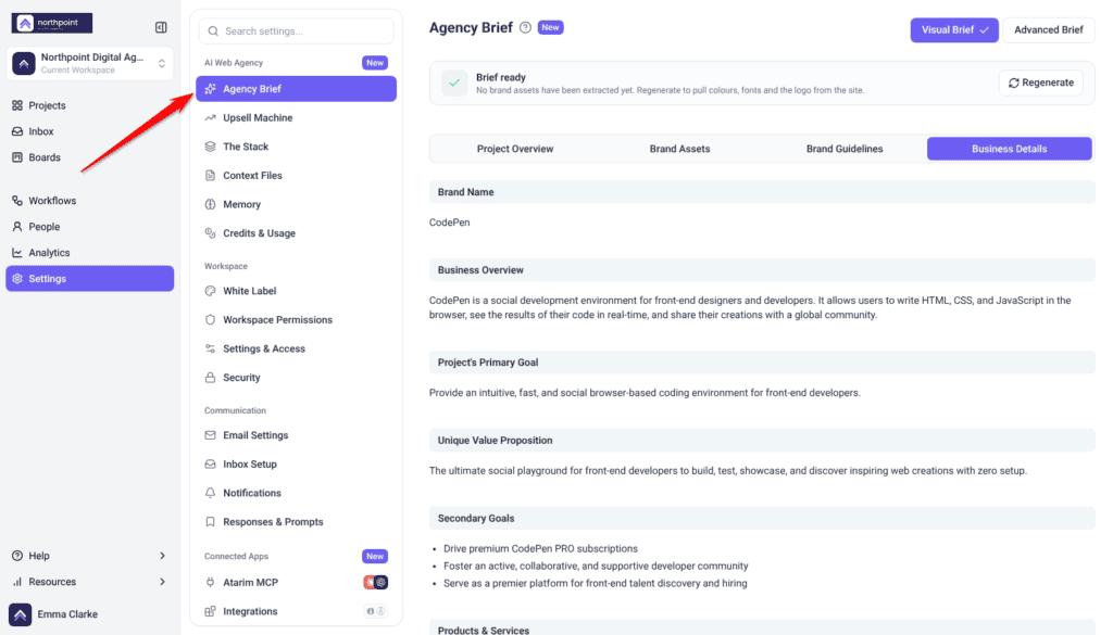 Settings with Agency Brief selected, showing the brief's Business Details