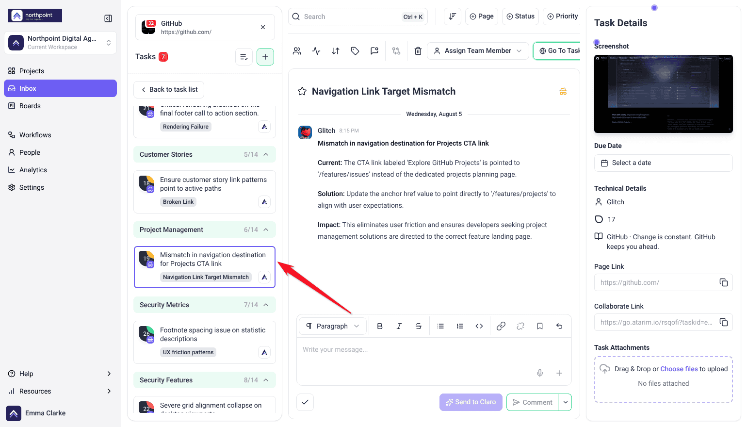 Inbox showing Glitch's finding with Current, Solution and Impact under the Project Management section