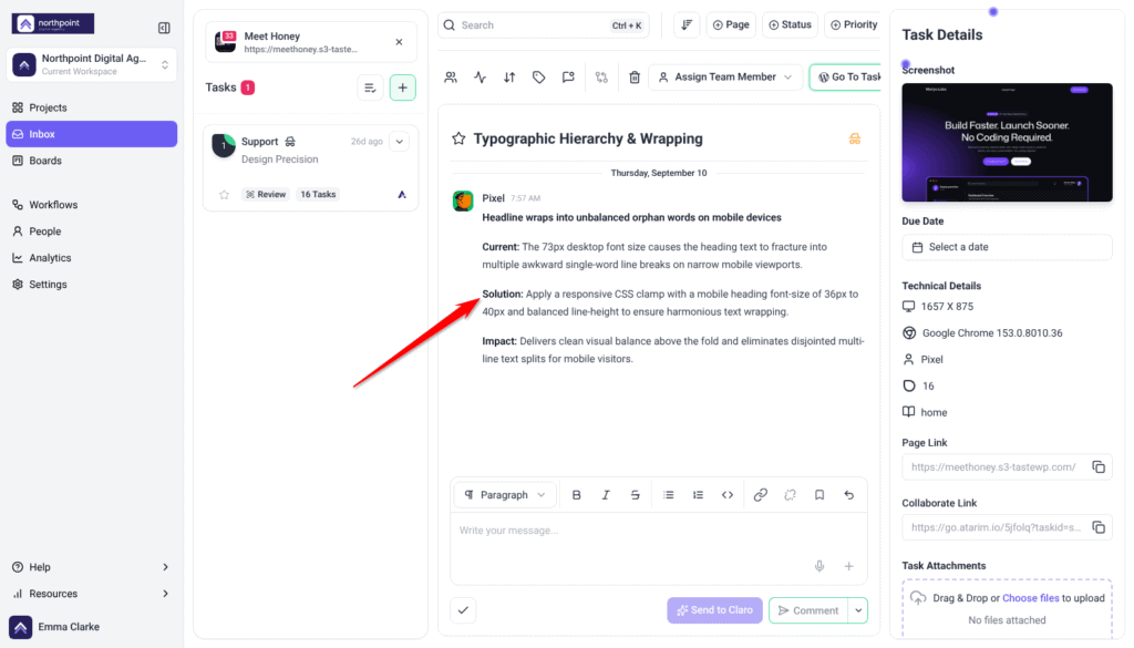 Inbox task view of a Pixel finding with Current, Solution and Impact, the page screenshot and technical details