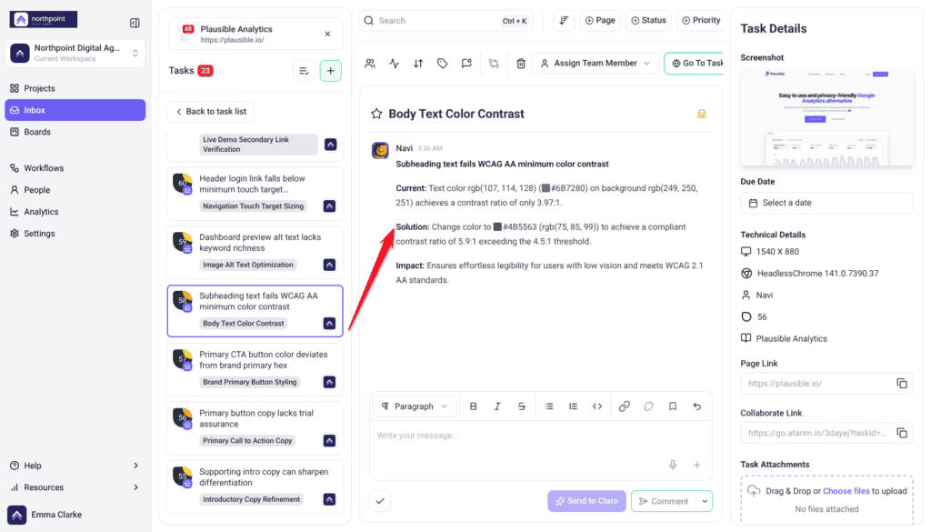 Inbox task view of a Navi finding quoting the contrast ratio and the WCAG AA fix