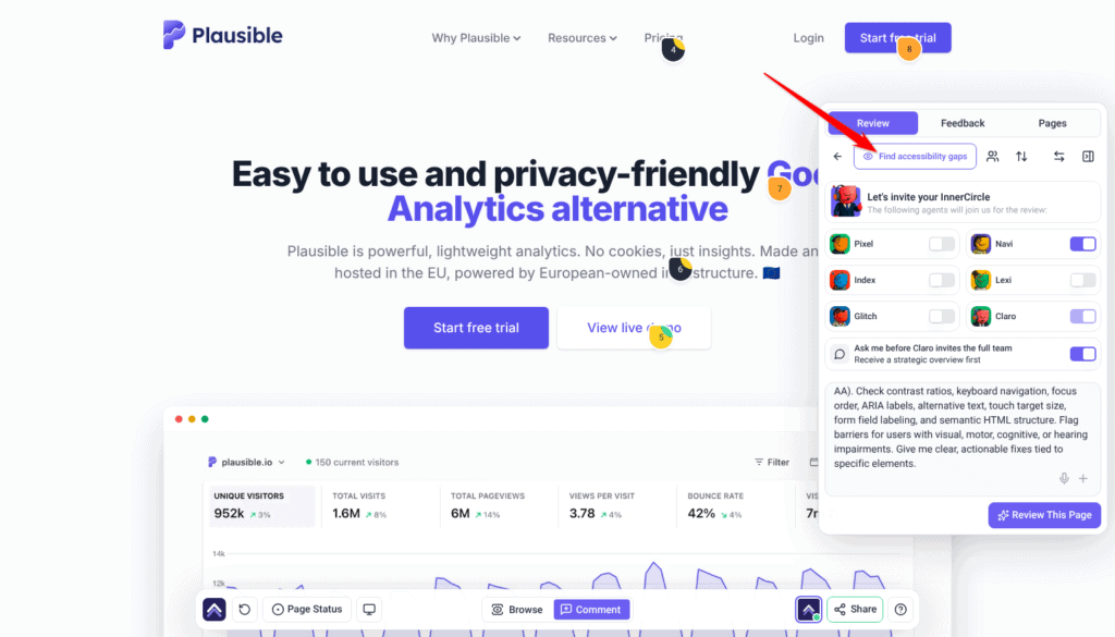 Review tab after choosing Find accessibility gaps, with Navi switched on and the WCAG 2.1 AA description filled in