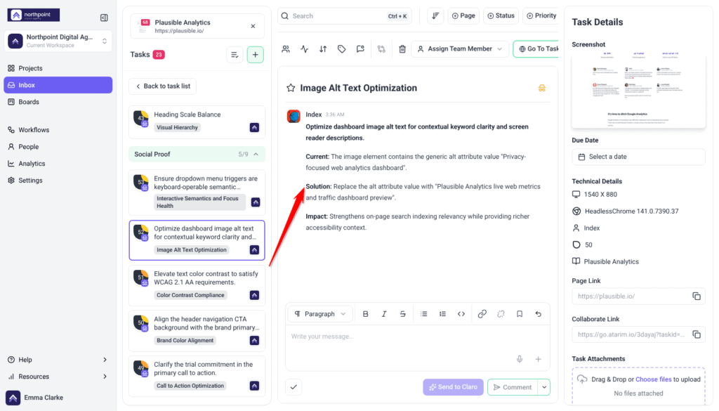 Inbox task view of an Index finding with the current heading and its keyword-rich replacement