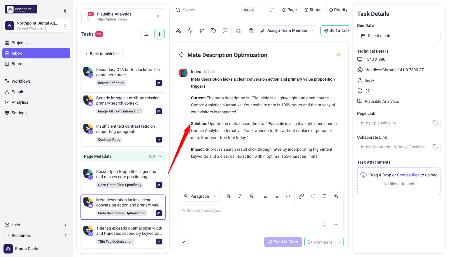 Inbox task view of an Index metadata finding quoting the current page title and the proposed replacement