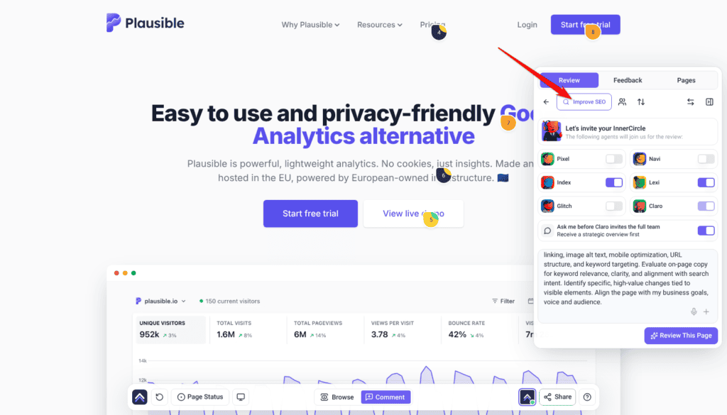 Review tab after choosing Improve SEO, with Index and Lexi switched on and the SEO description filled in