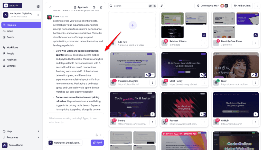Claro's reply in workspace chat listing upsell opportunities by client project