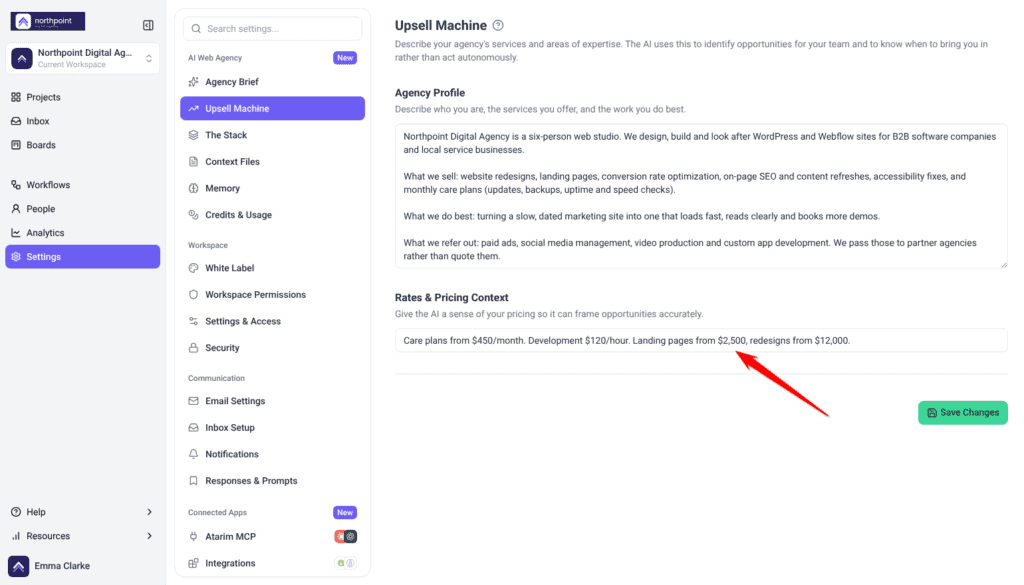 Rates & Pricing Context field filled with care plan, hourly, landing page and redesign prices