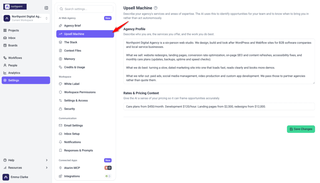 Settings with Upsell Machine selected under AI Web Agency, showing an agency profile that lists what the agency sells and refers out, and its rates