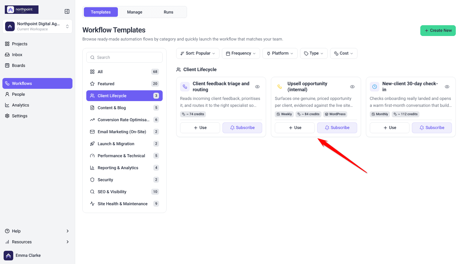 Workflow Templates filtered to Client Lifecycle, showing the Upsell opportunity (internal) template