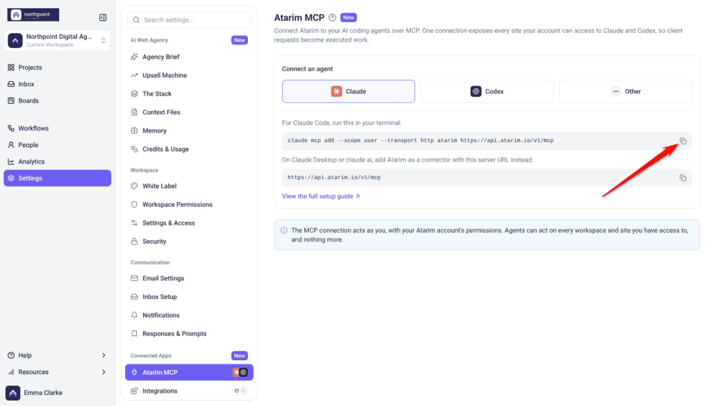 Atarim MCP settings with Claude selected under Connect an agent and the copy button beside the Claude Code command