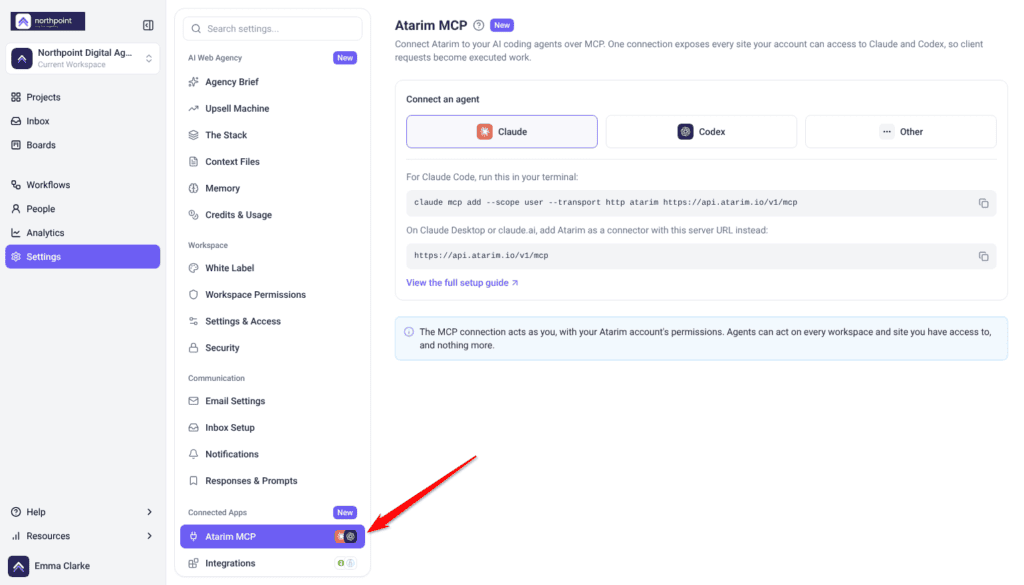 Settings with Atarim MCP selected under Connected Apps, showing the Connect an agent tiles and setup lines