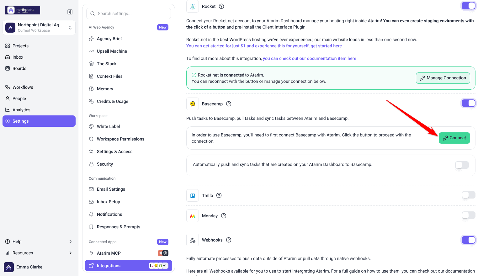 Basecamp card in Integration Settings switched on, with the Connect button