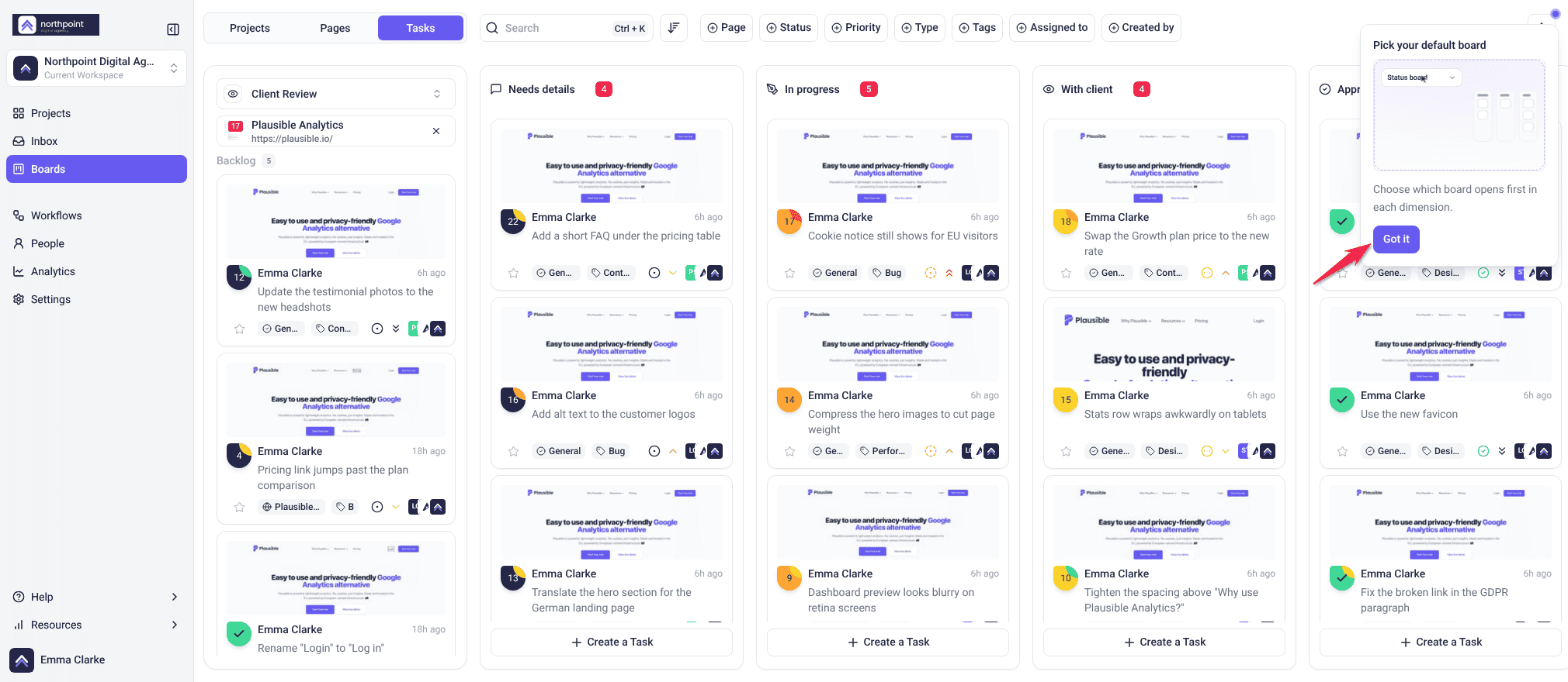 Beacon tip on Boards, Pick your default board, with the Got it button